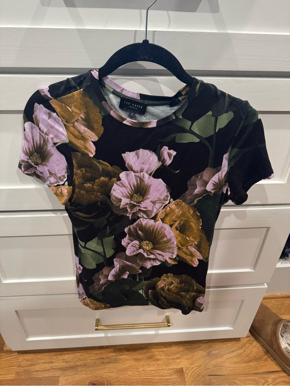Ted Baker Black Floral Crop Tee with Pink & Brown Blooms